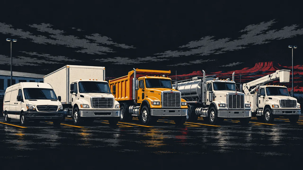 Row of different commercial vehicles side by side: box truck, delivery van, dump truck, tanker, and bucket truck