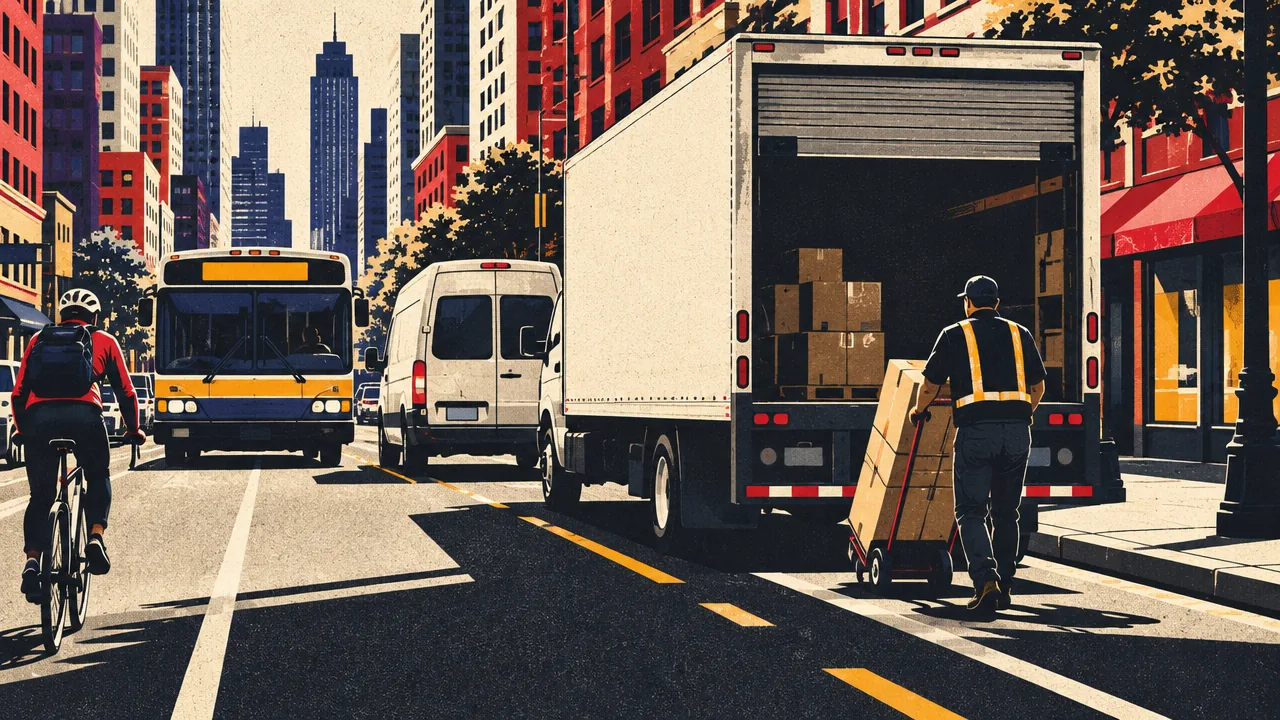 Busy city street with a box truck unloading, a delivery van, a city bus, and a cyclist