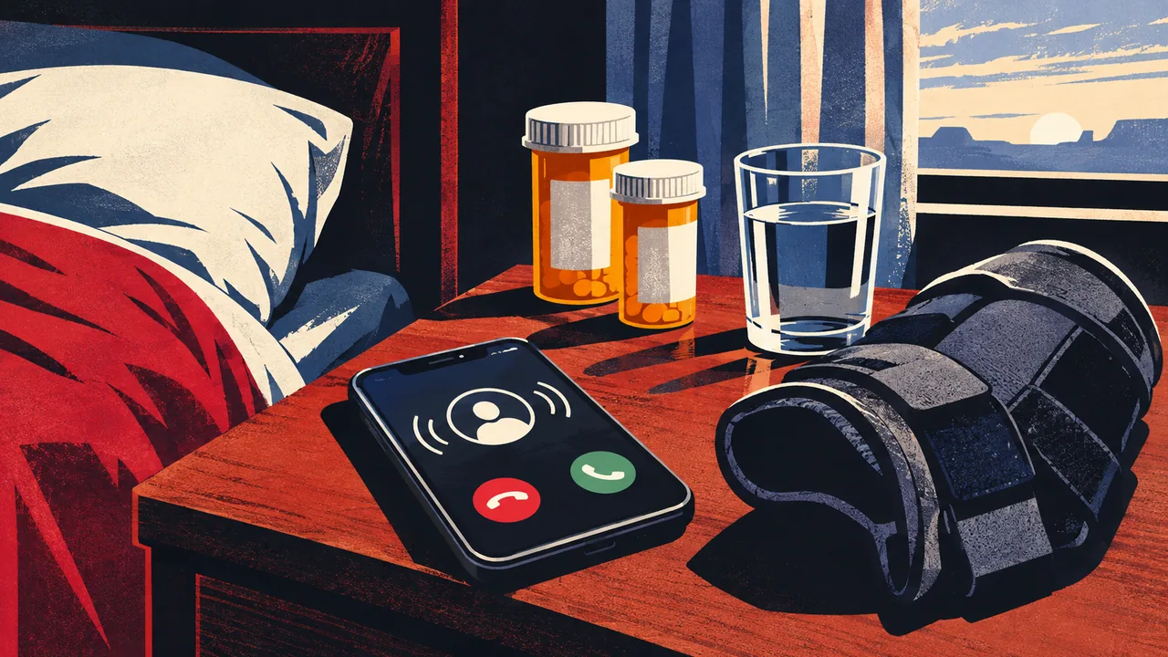 Phone ringing on a bedside table next to prescription bottles and a recovery brace