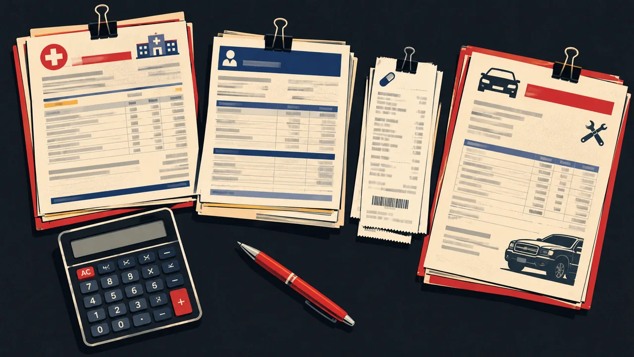 Organized stacks of medical bills, pay stubs, and receipts with a calculator