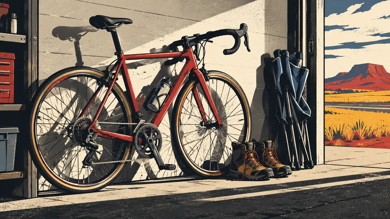 Unused bicycle and hiking boots gathering dust in a garage corner