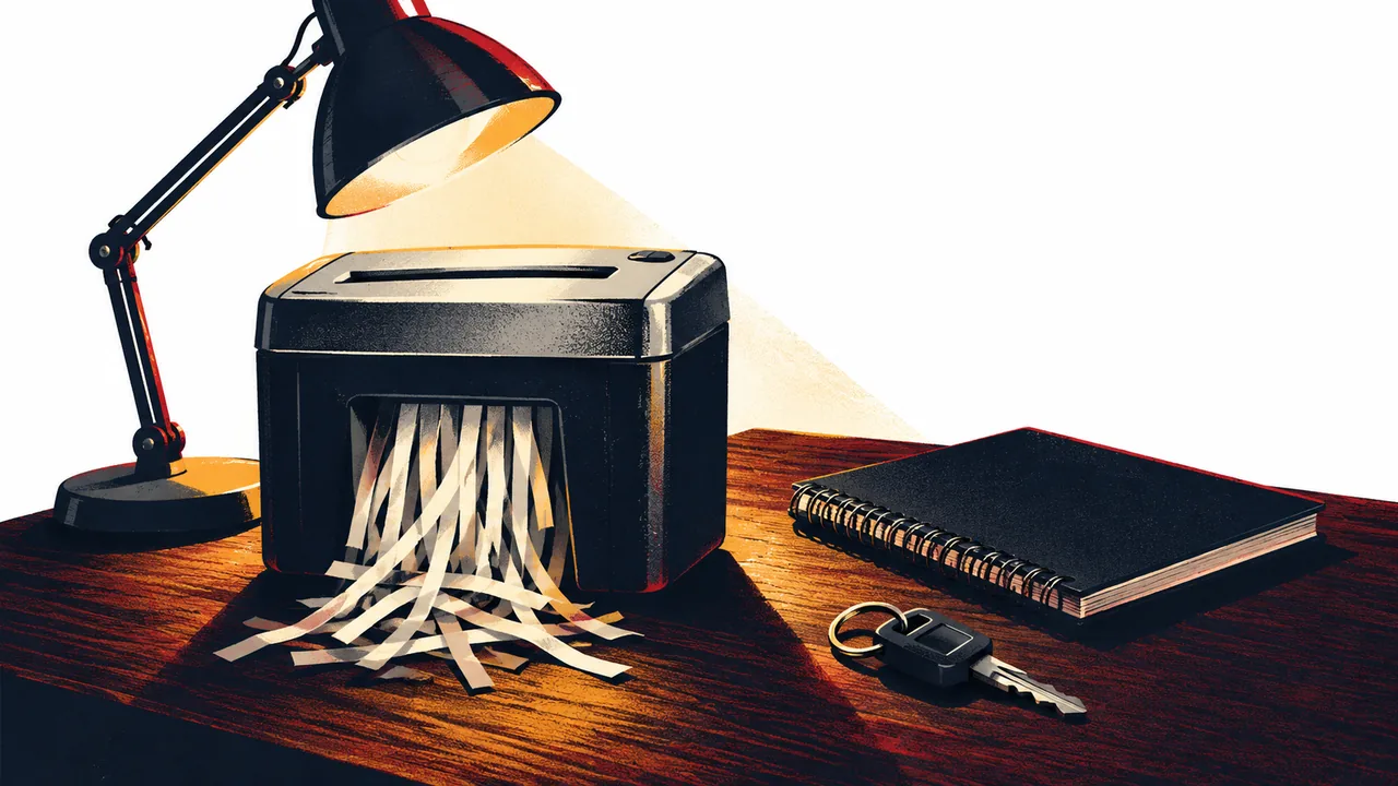 Paper shredder beside a truck cab key and a closed logbook on a dark desk under a lamp