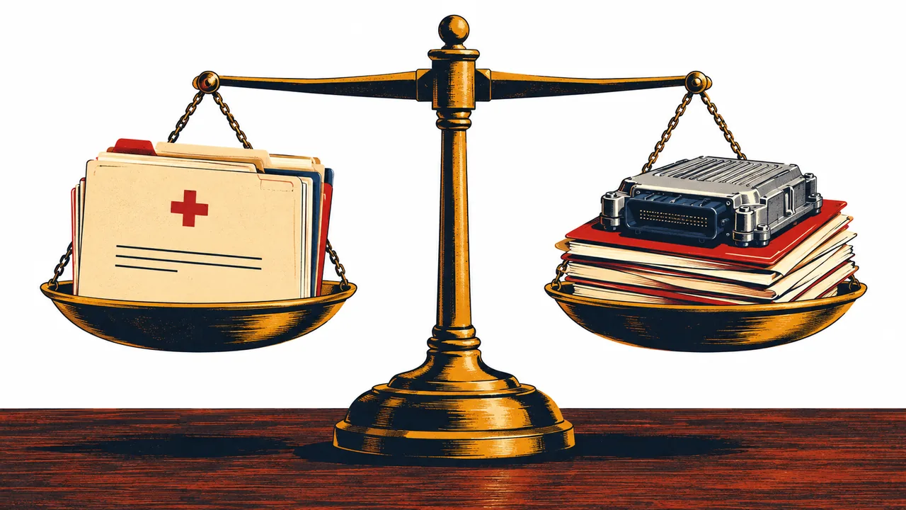 Brass balance scale weighing a medical file against a stack of evidence folders