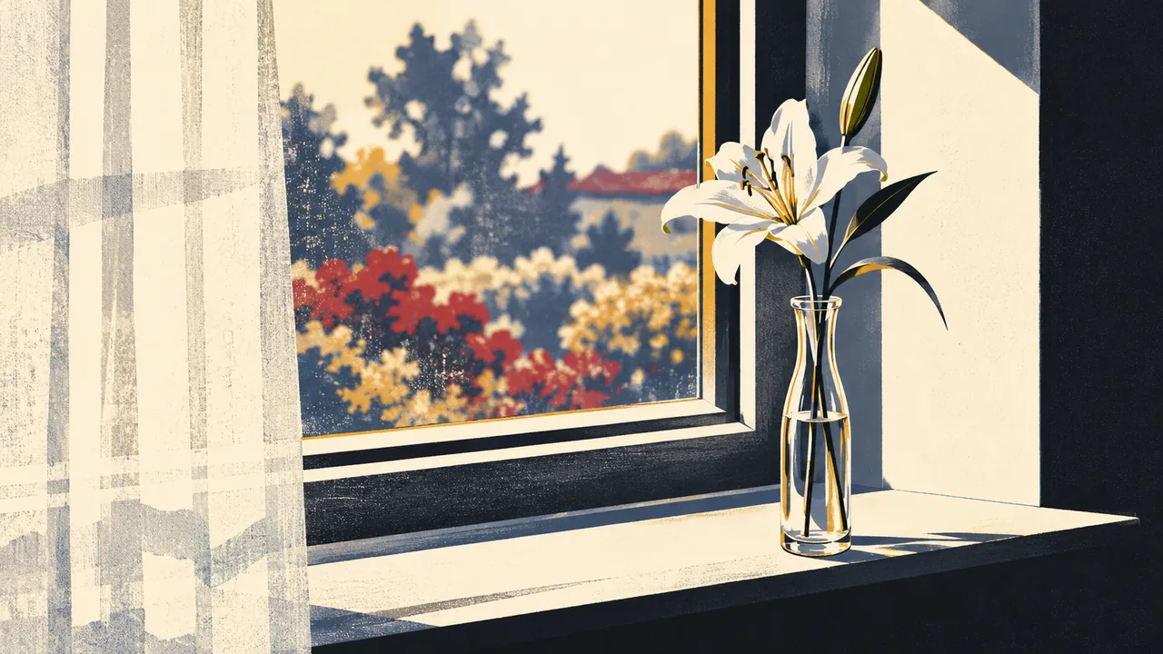 Single white lily on a windowsill in soft morning light