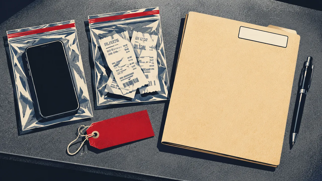 Evidence bags with a phone and receipts on a table beside a lab report folder