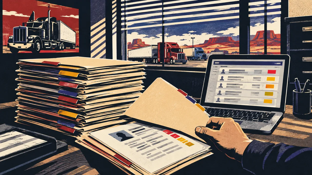 Hiring manager's desk with a stack of driver files and a laptop showing a background check screen