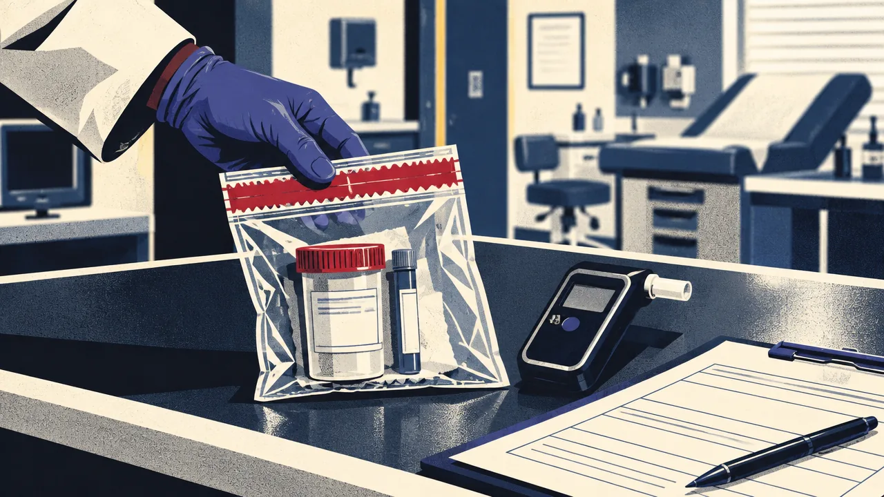 Sealed specimen collection kit and breath testing device on a clinic counter