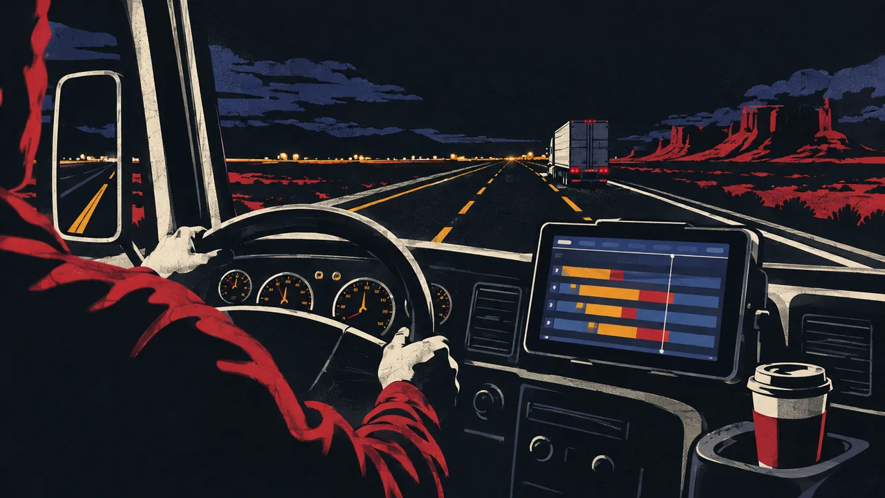 Semi-truck cab at night with a glowing logging tablet and an empty coffee cup, highway lights through the windshield