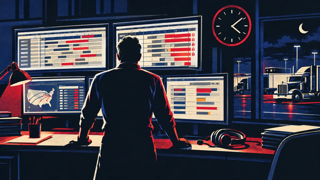 Trucking dispatcher silhouette at a wall of delivery schedule screens late at night