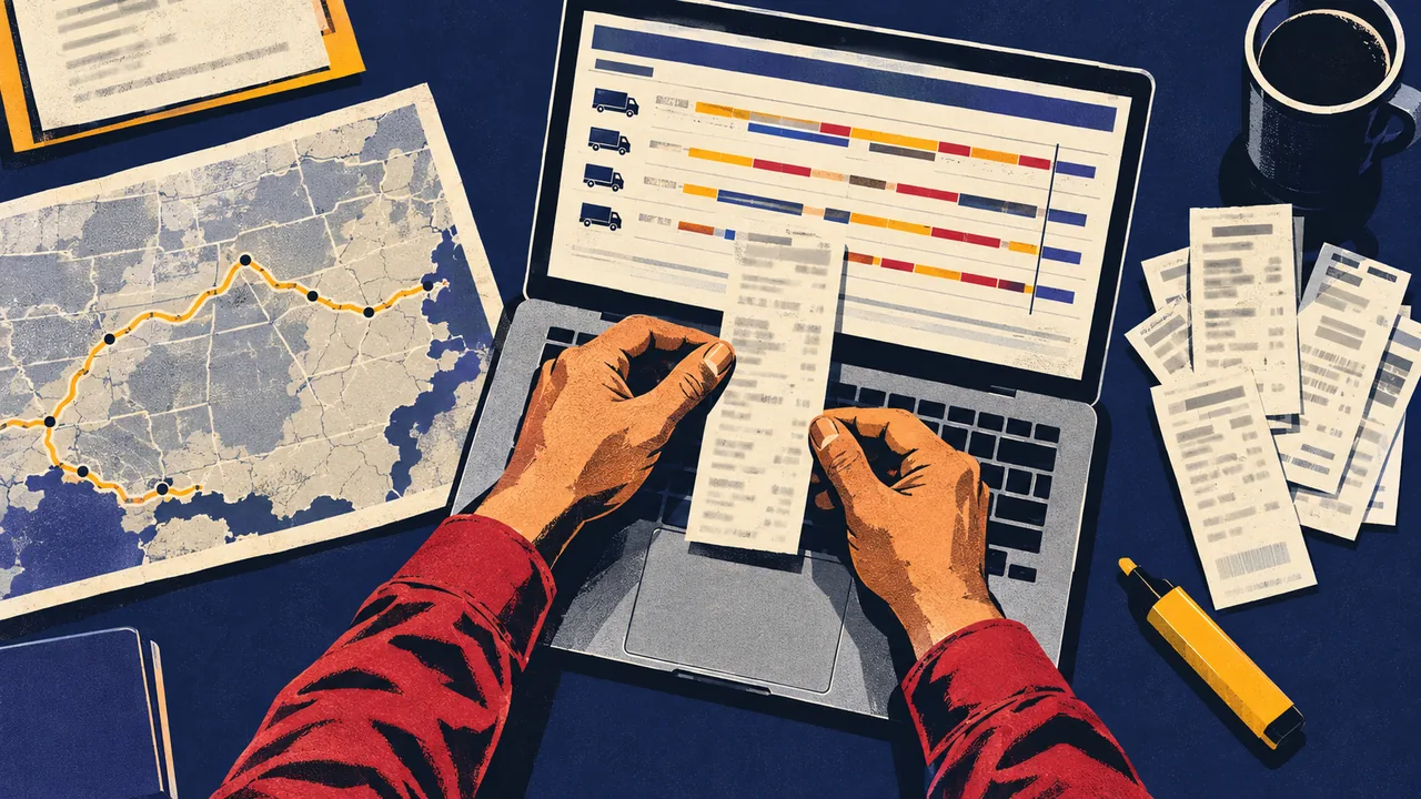 Desk with fuel receipts, toll records, a GPS route map, and a laptop timeline being cross-checked