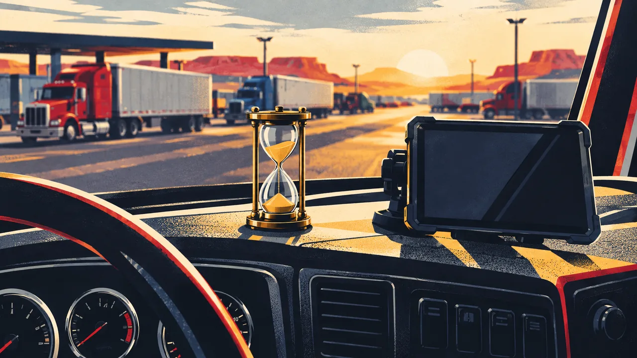 Hourglass on a truck dashboard beside a logging device at dawn