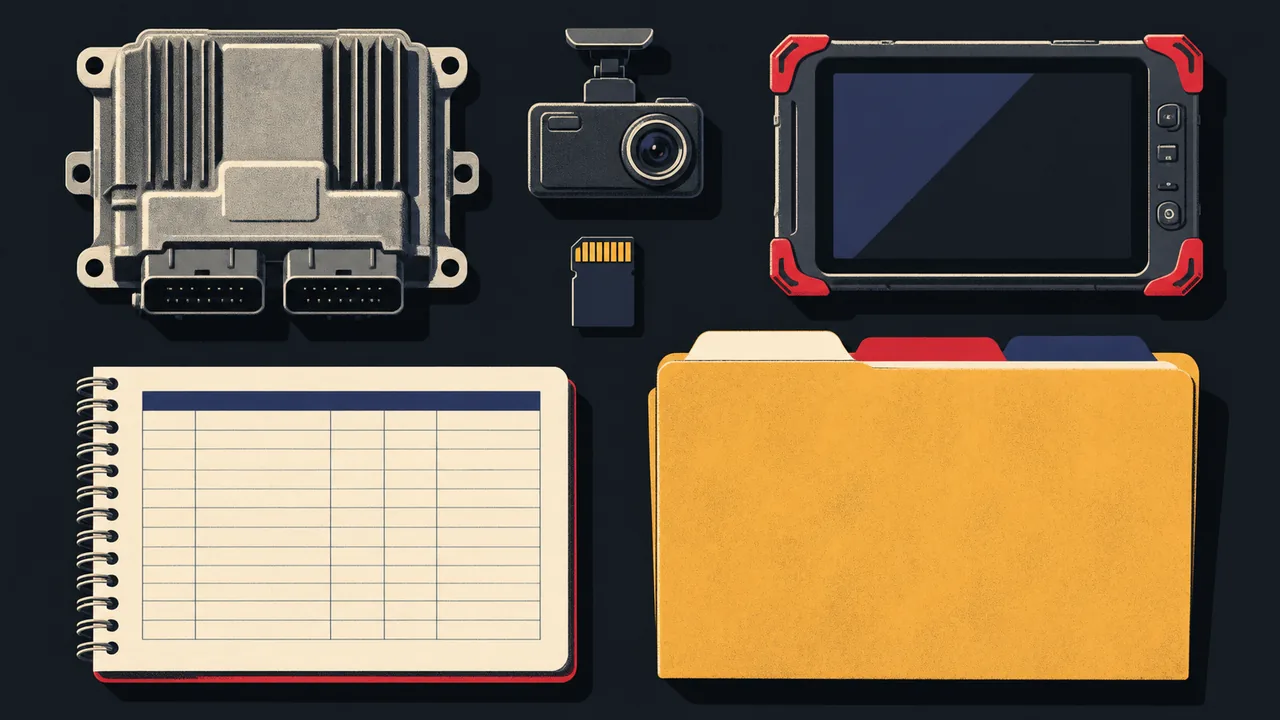 Flat lay of an engine control module, dashcam, memory card, logbook, and maintenance folder