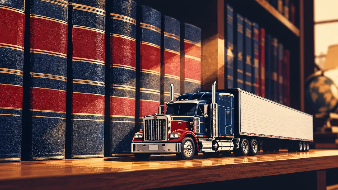 Thick bound volumes of federal regulations on a shelf with a model truck in front