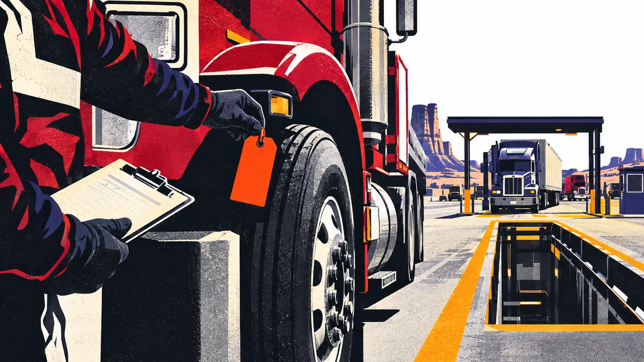 Roadside inspector placing an out-of-service tag near a truck's wheel