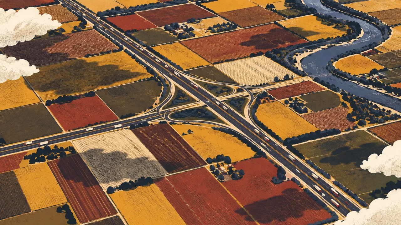 High-altitude aerial of interstate highways crossing a patchwork of farmland