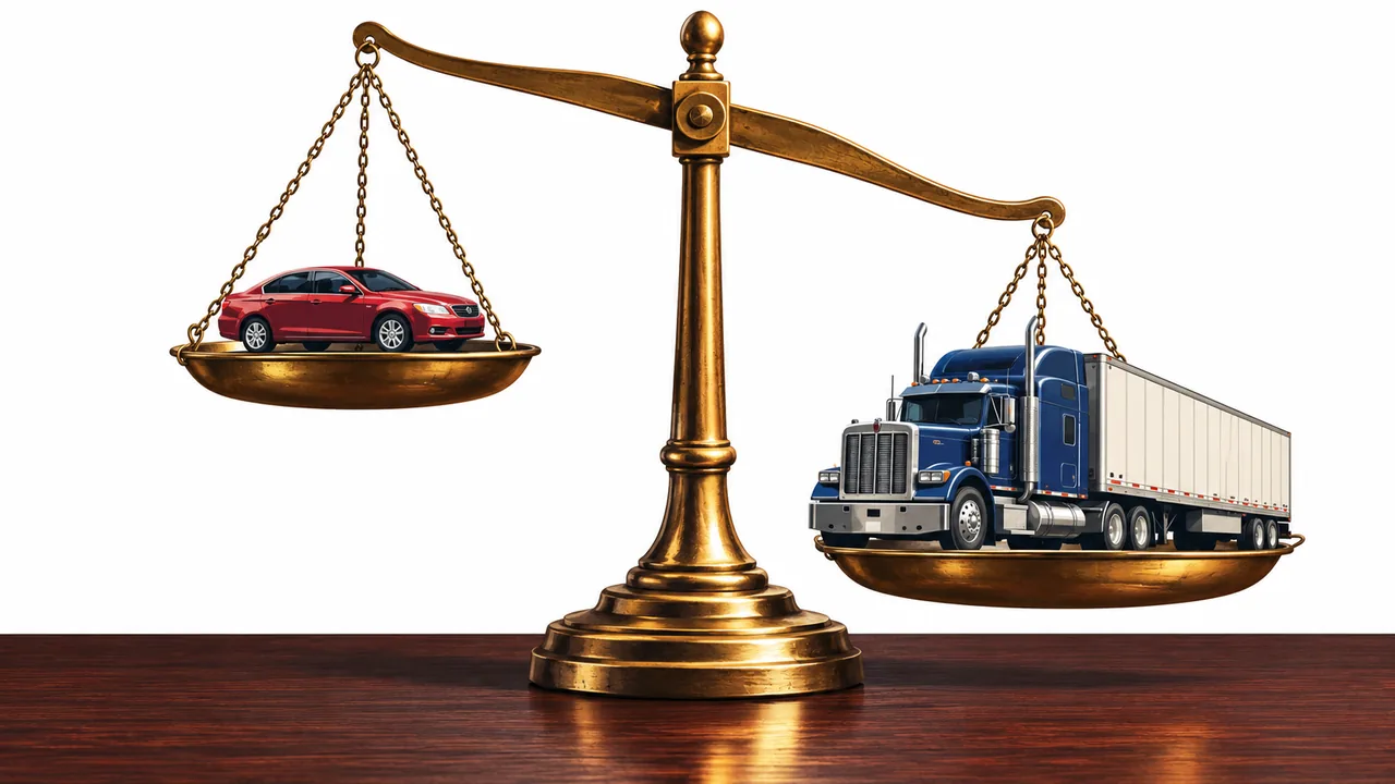 Brass balance scale holding a toy car on one side and a toy semi-truck on the other against a navy background