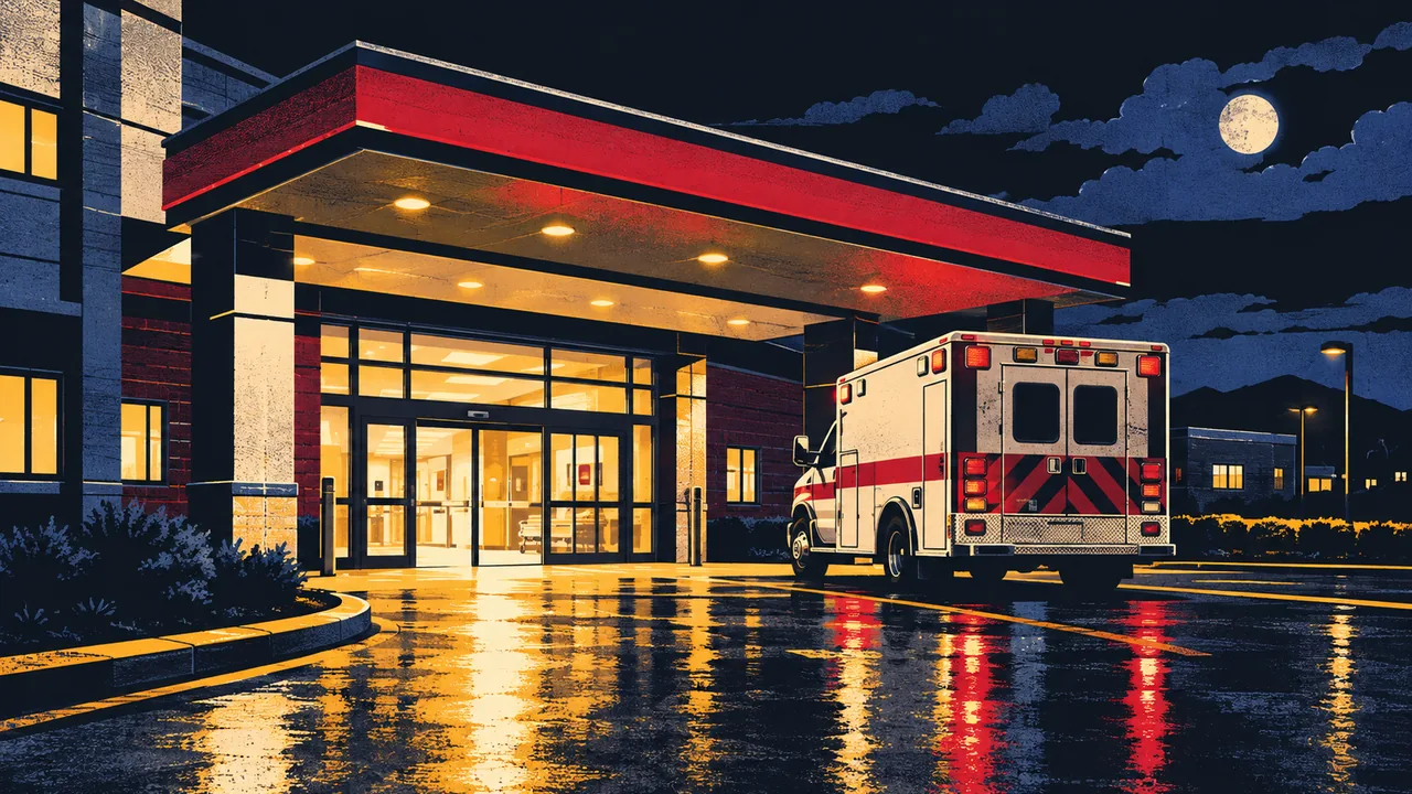 Emergency department entrance at night with an ambulance bay and soft red light
