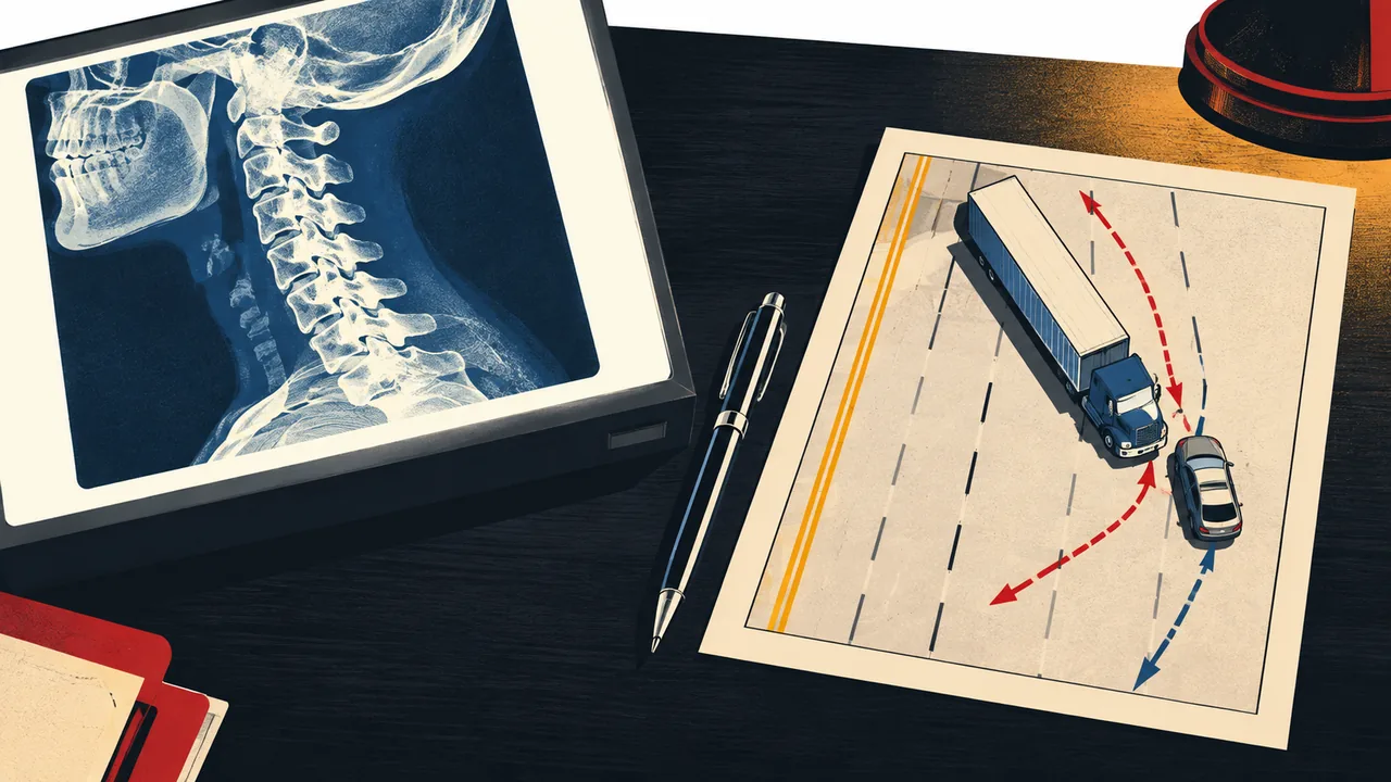 Medical imaging viewer beside a printed crash reconstruction diagram