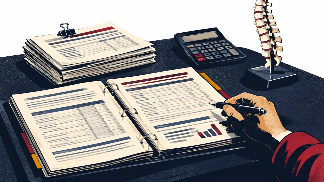Life-care planning binder, medical bills, and a calculator on a desk