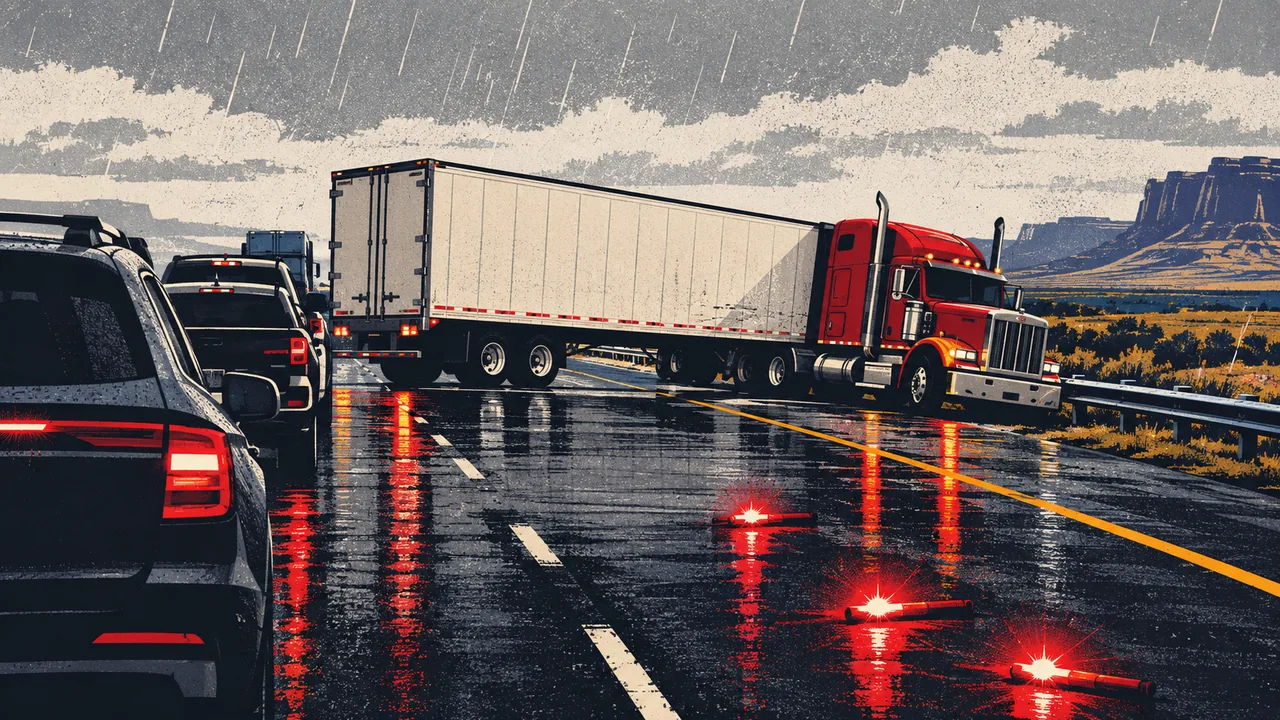 Tractor-trailer folded at a sharp angle across wet highway lanes in rain
