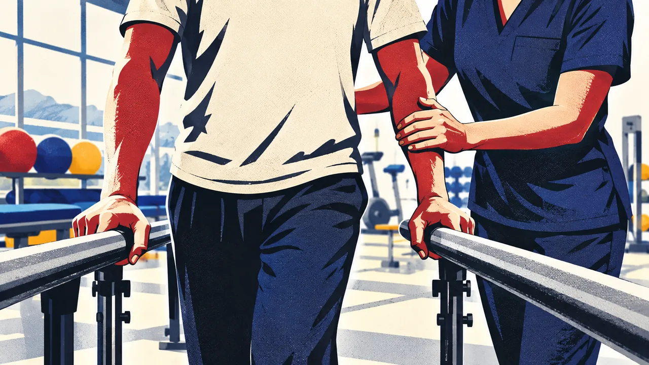 Physical therapist guiding a patient's hands on parallel bars in a bright rehabilitation gym
