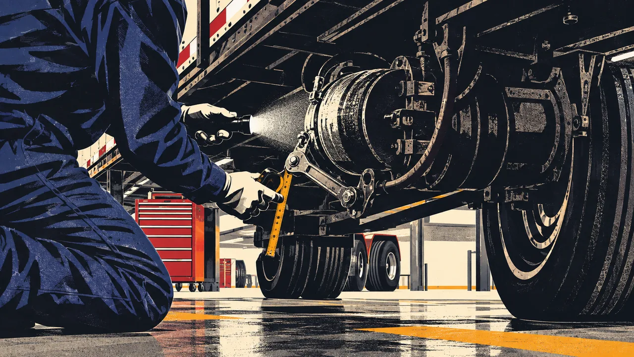 Mechanic inspecting trailer brake adjustment with a flashlight under a semi-trailer