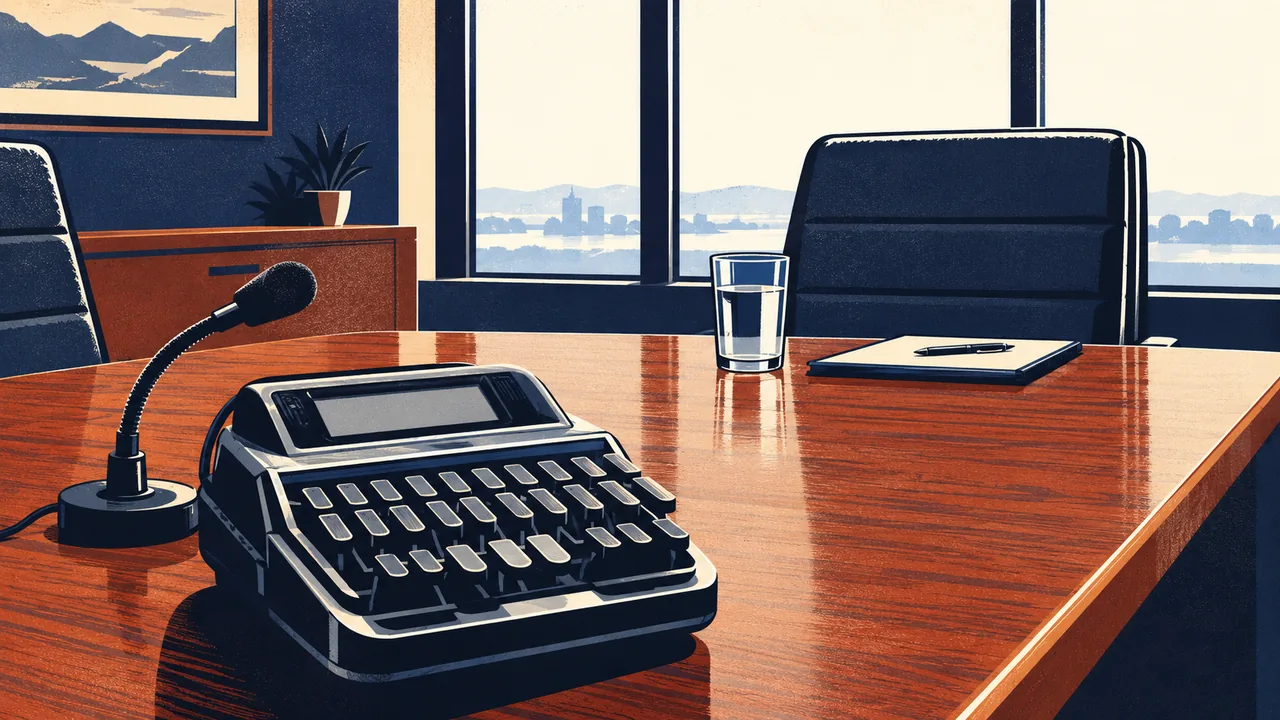 Deposition room with a court reporter's stenotype machine and a water glass on the table