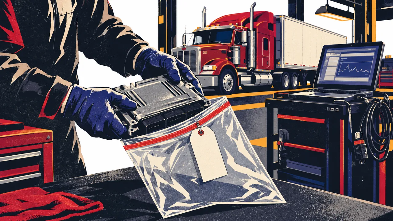 Semi-truck black box being sealed into an evidence bag in a garage