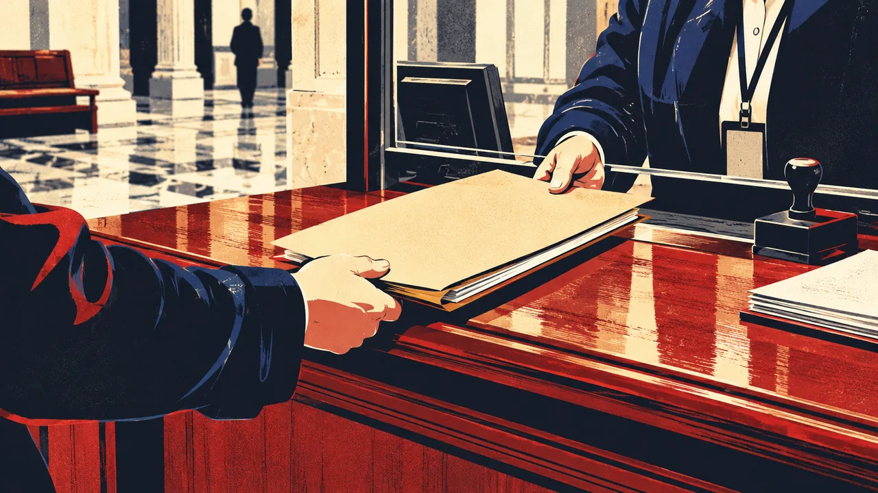 Courthouse clerk's counter with a stamped filing envelope being handed over
