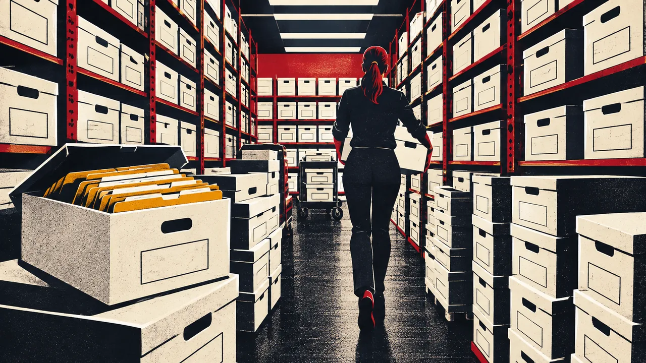 Room filled with banker's boxes of discovery documents stacked to the ceiling