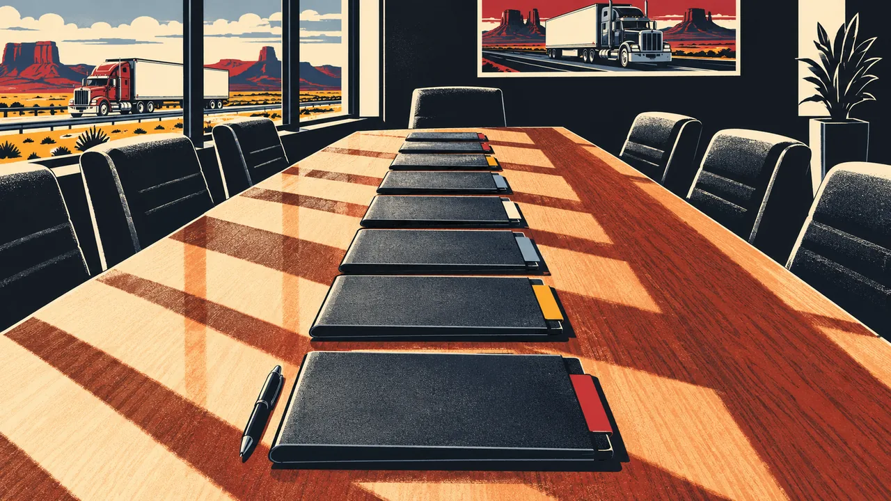 Eight case file folders laid in a row across a long conference table