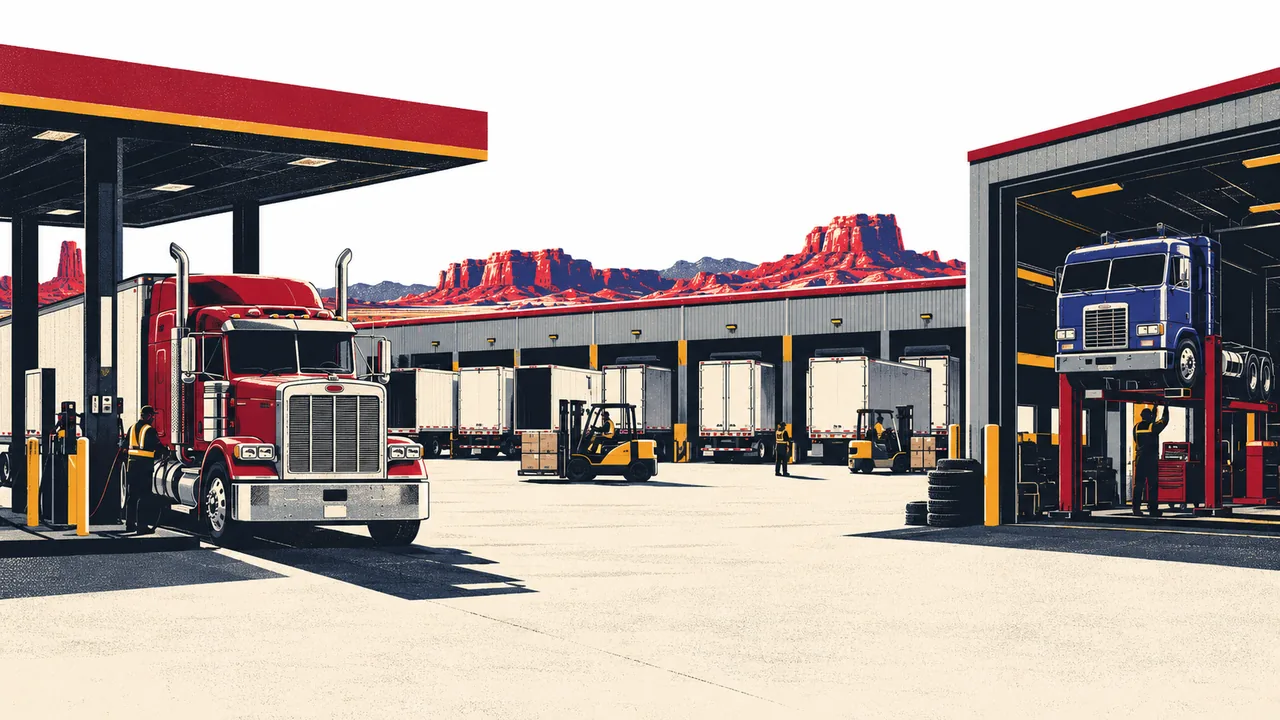 Freight yard scene showing a truck, a trailer, a warehouse dock, and a repair shop in one wide frame