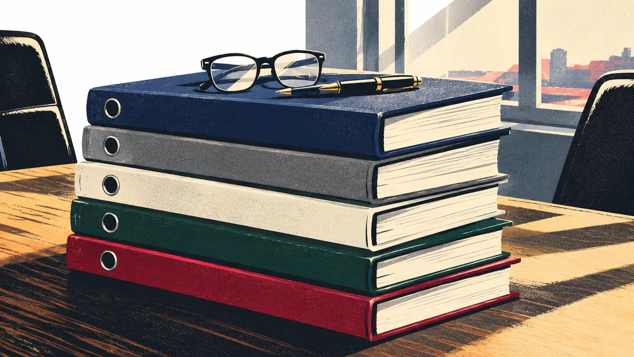 Several stacked insurance policy binders of different colors on a conference table