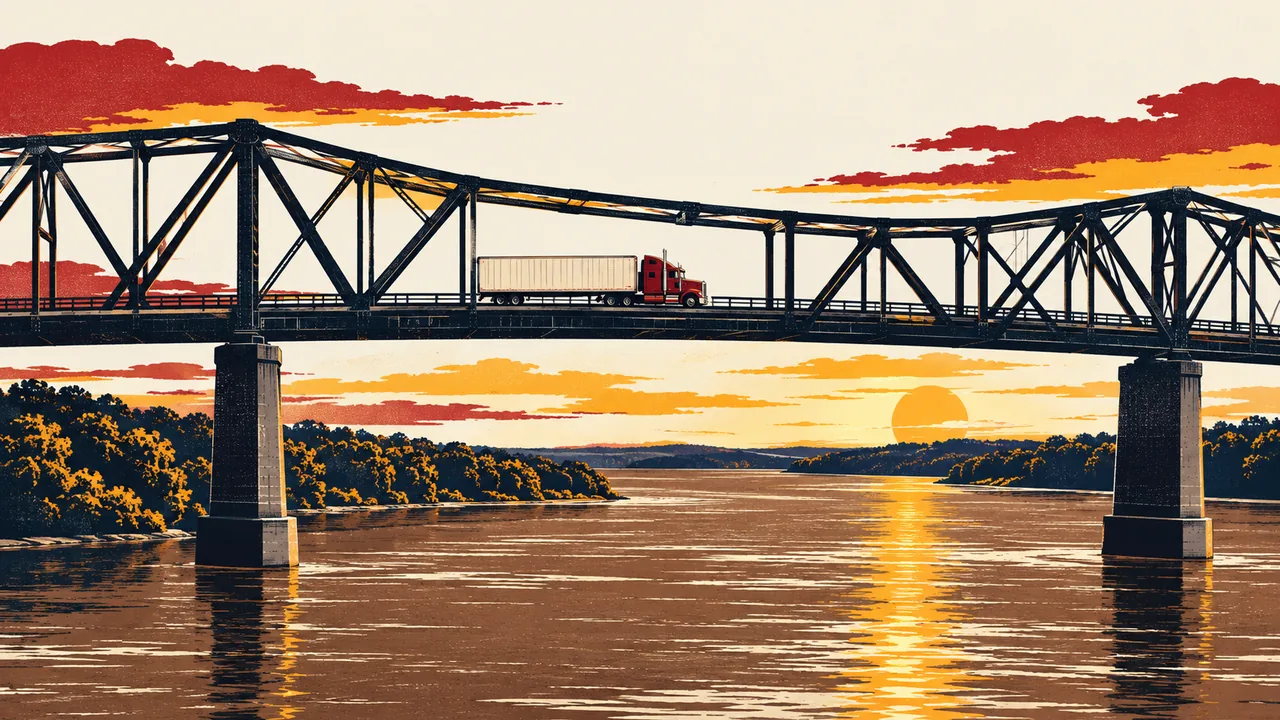 Tractor-trailer crossing a long highway bridge over a wide river between two states