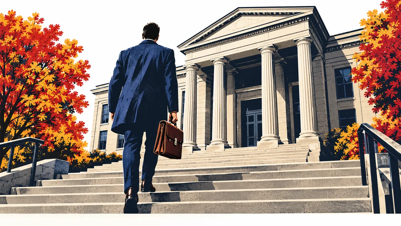 Person with a briefcase walking up the steps of a county courthouse in morning light