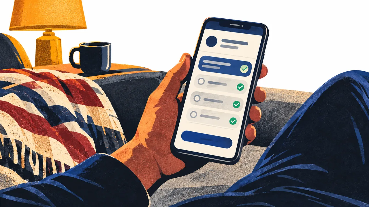 Hand holding a smartphone with a simple checklist-style form on screen while seated on a couch