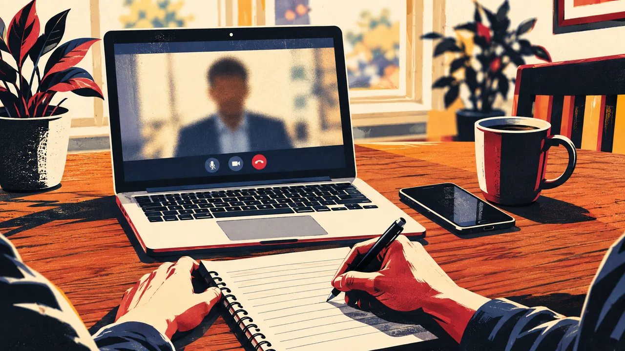 Laptop on a kitchen table showing a blurred video call next to a notebook and phone