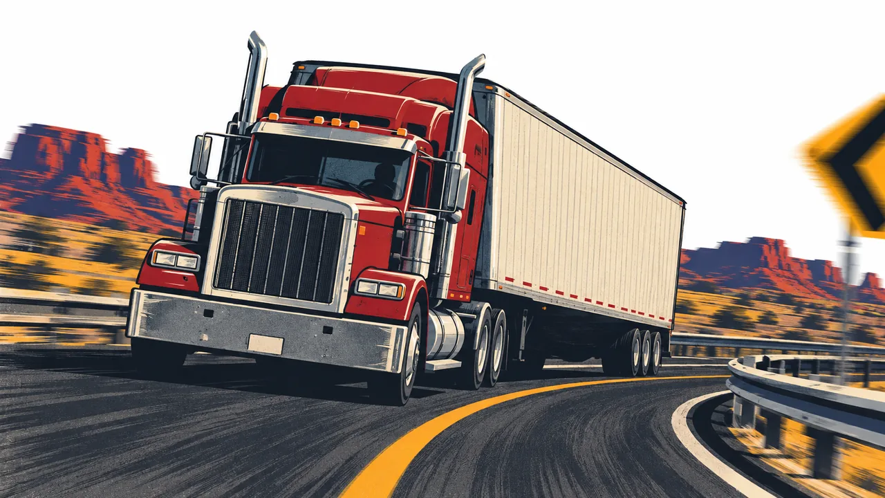 Tractor-trailer leaning into a tight curved highway on-ramp at speed