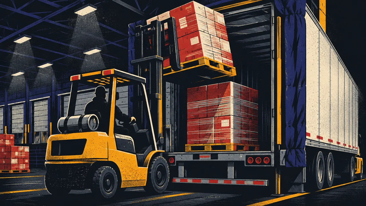 Forklift loading tall heavy pallets high in a trailer at a warehouse dock