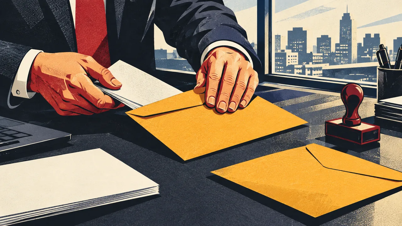 Hands sealing a letter into a courier envelope on an office desk in morning light