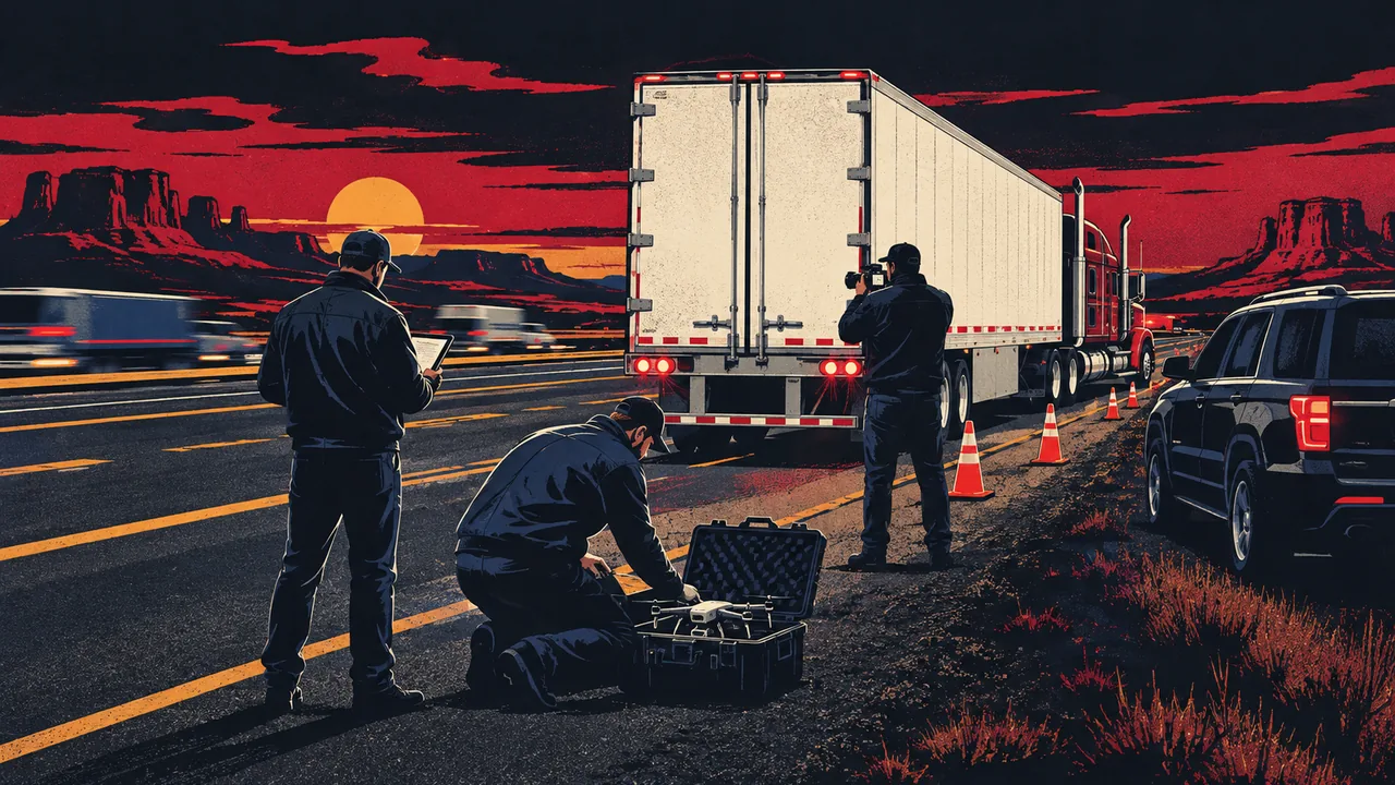 Investigators with tablets and a drone case beside a stopped tractor-trailer on an interstate shoulder in early evening