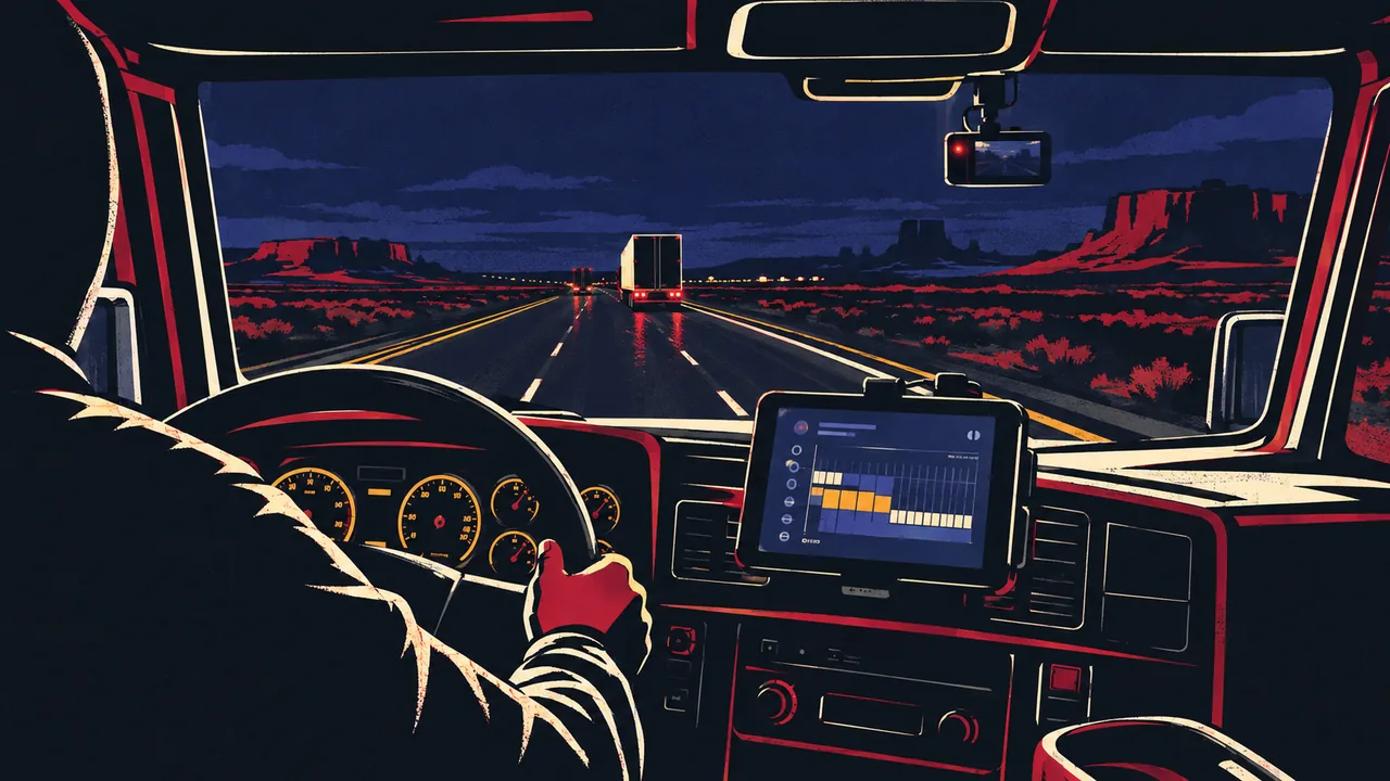 Inside a semi-truck cab at night with a mounted electronic logging tablet and a windshield dashcam