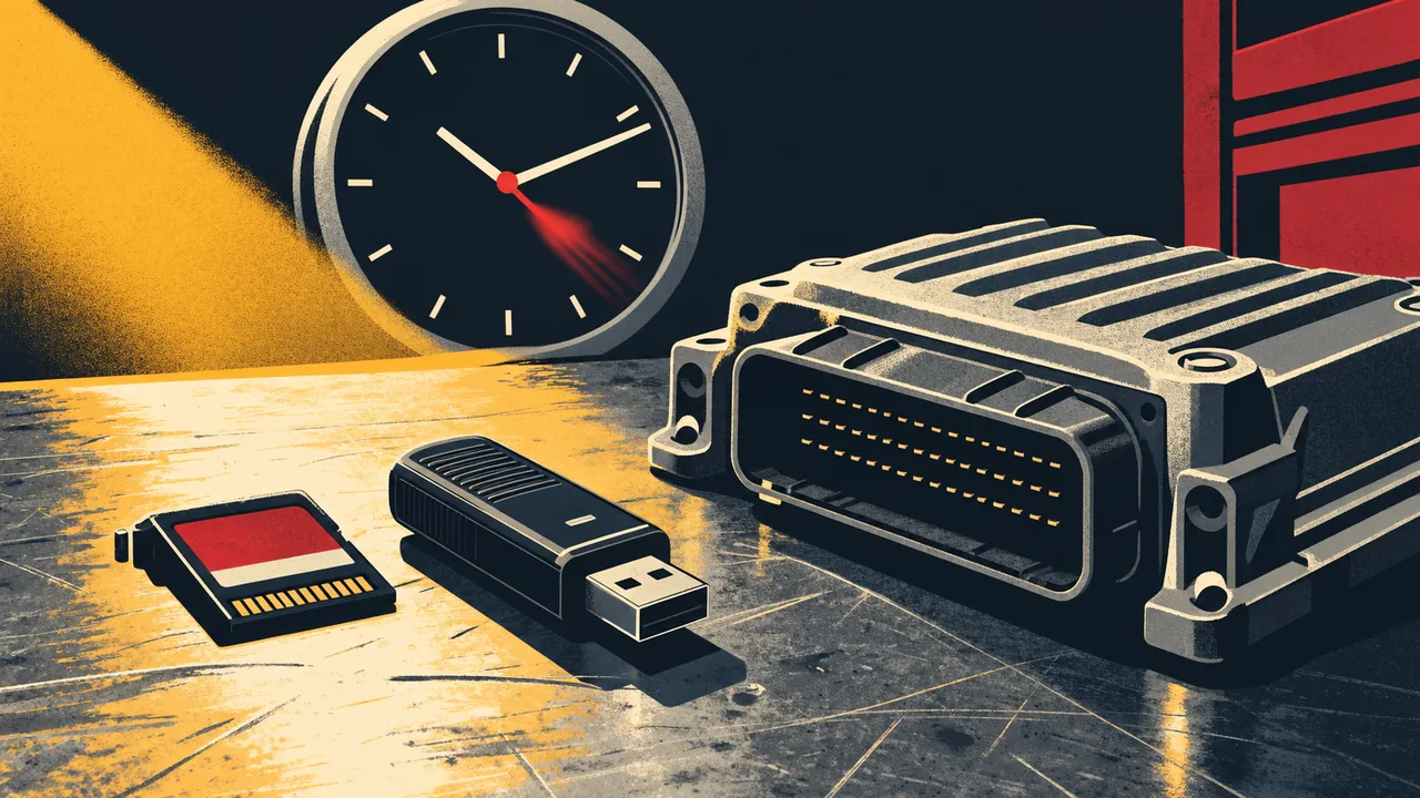 Dashcam memory card and a truck control module on a workbench beside an analog clock