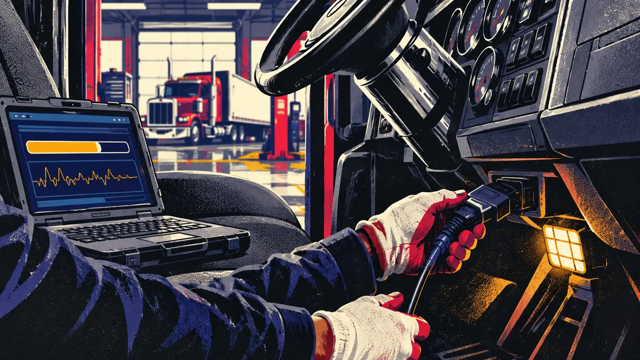 Technician's gloved hands connecting a diagnostic laptop to a semi-truck engine control module in a garage