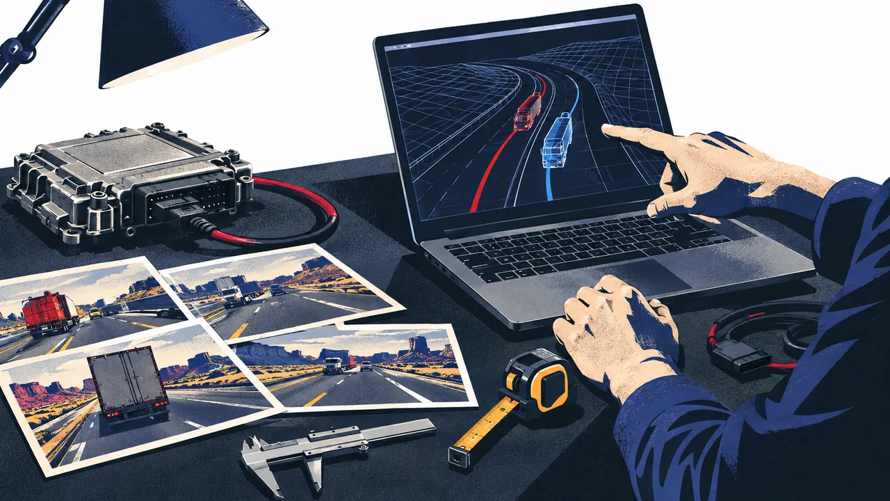 Accident reconstruction workbench with a laptop showing a 3D vehicle path, printed scene photos, and a truck control module