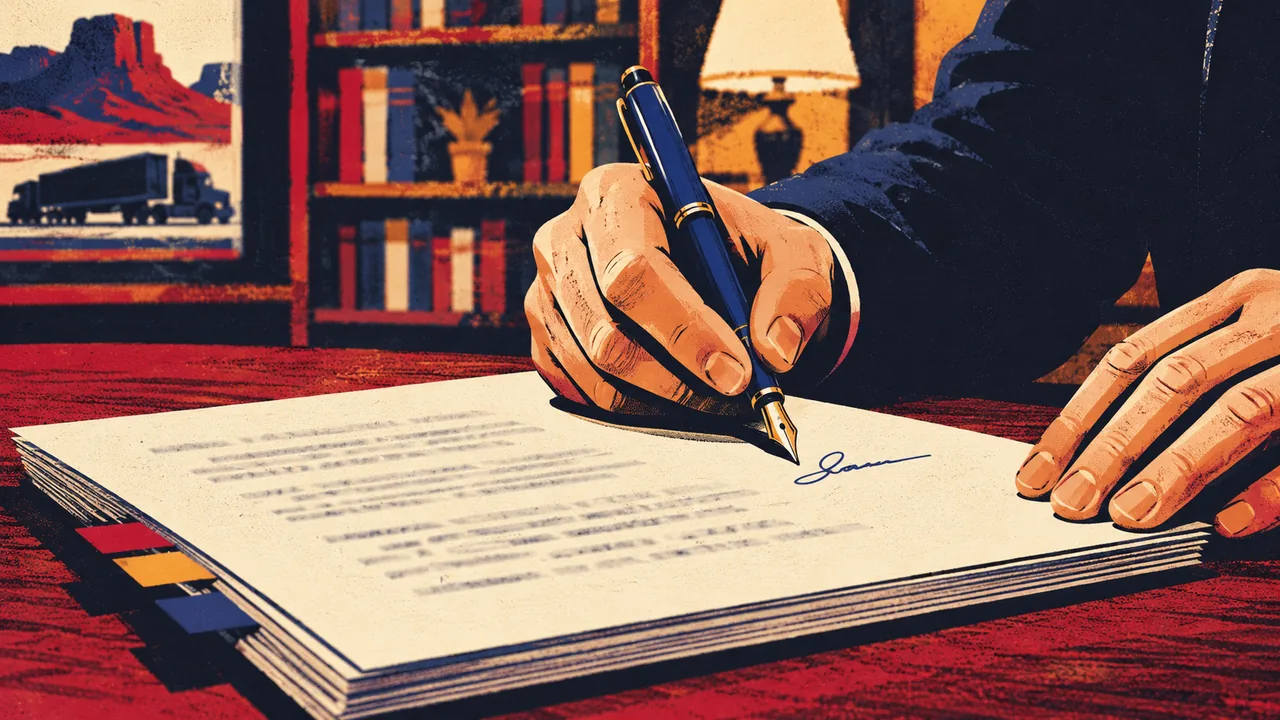 Close-up of a hand signing a multi-page agreement with a fountain pen