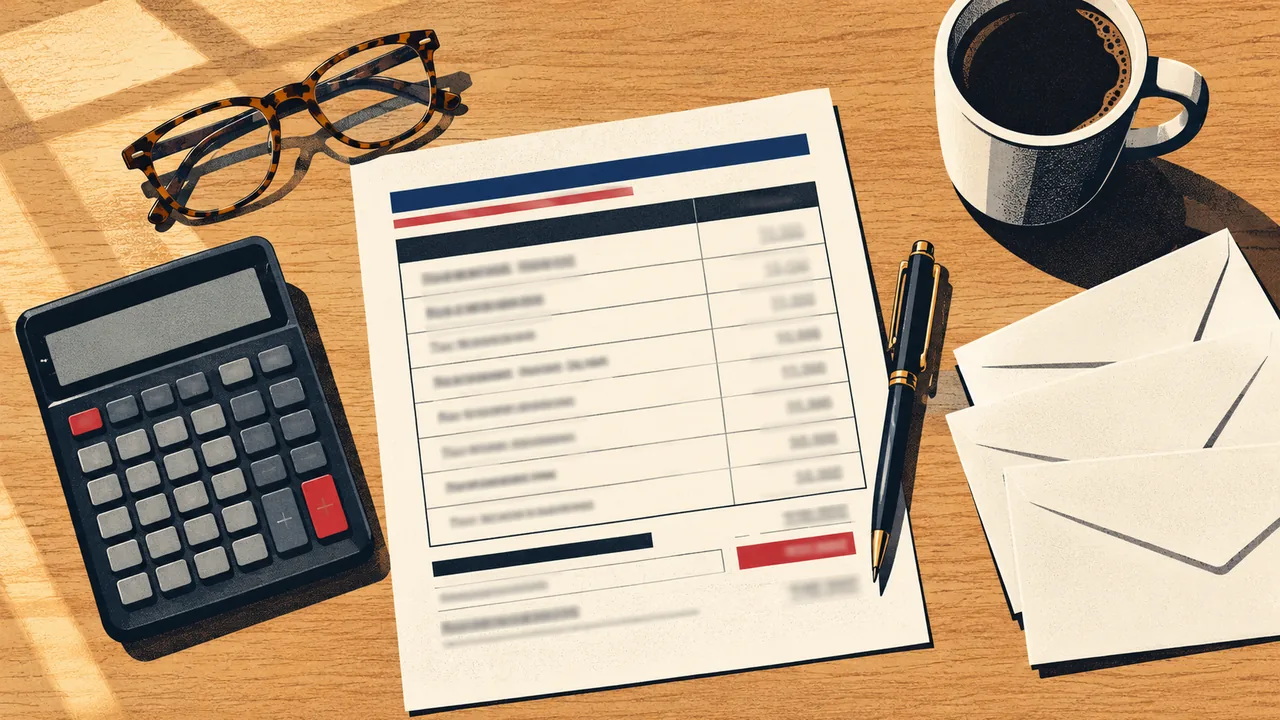 Flat lay of an illegible disbursement sheet, calculator, reading glasses, and three envelopes