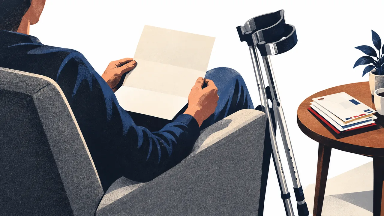 Person seated in an armchair holding an opened letter, crutches leaning against the chair