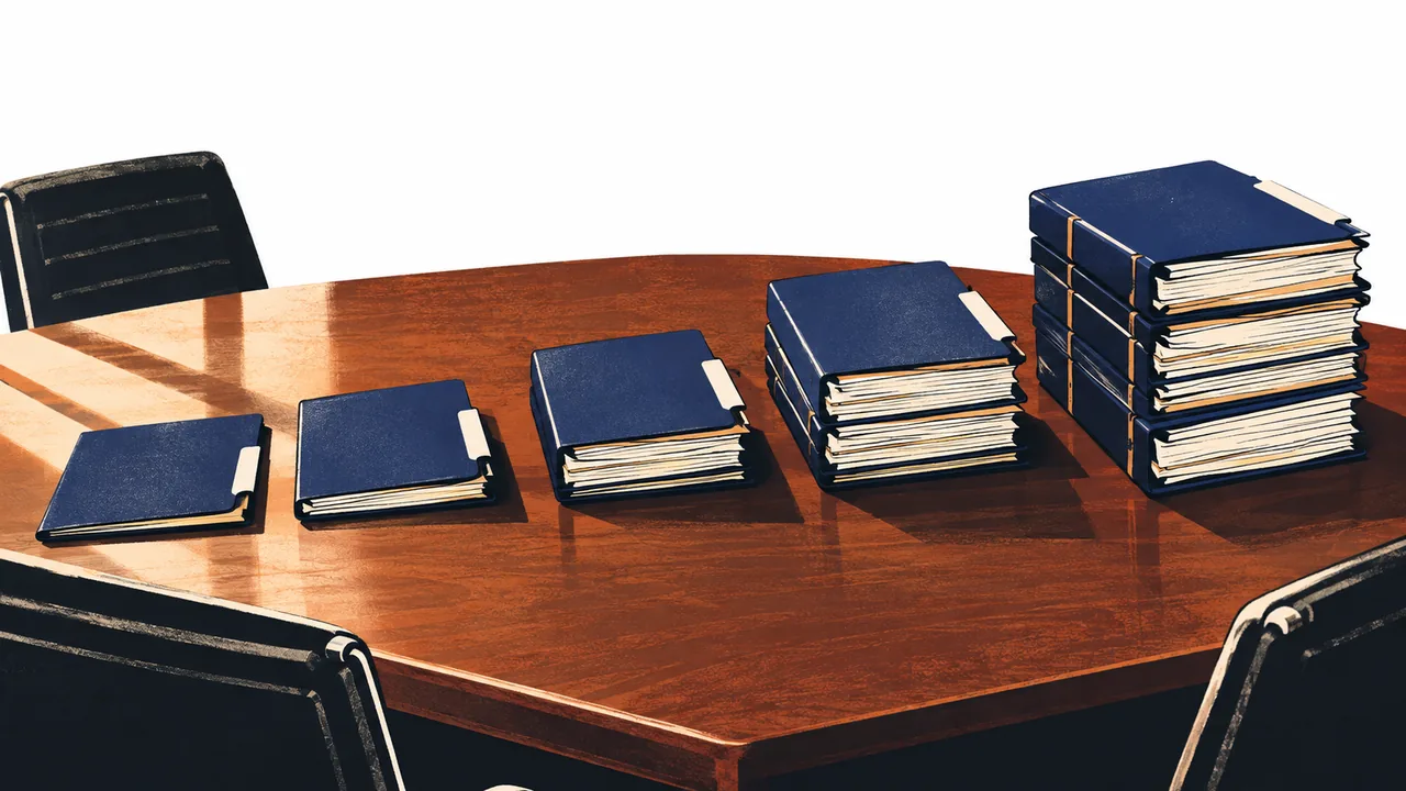 Case folders of increasing thickness arranged like a bar chart on a wooden table