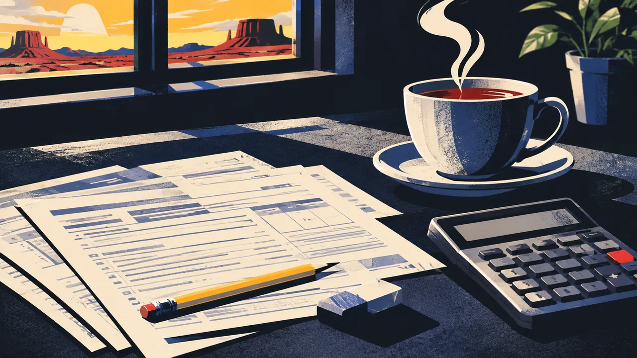 Kitchen counter still life with blank tax forms, a calculator, a pencil, and a cup of tea